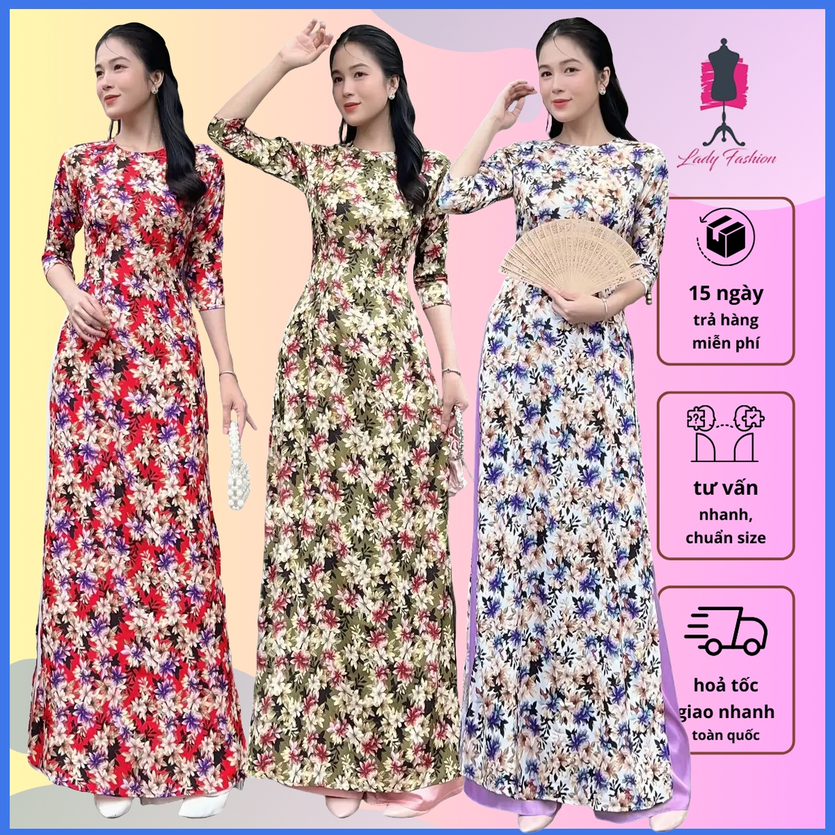 Áo dài gấm in hoa lan cổ tròn dành cho nữ thanh lịch AD049