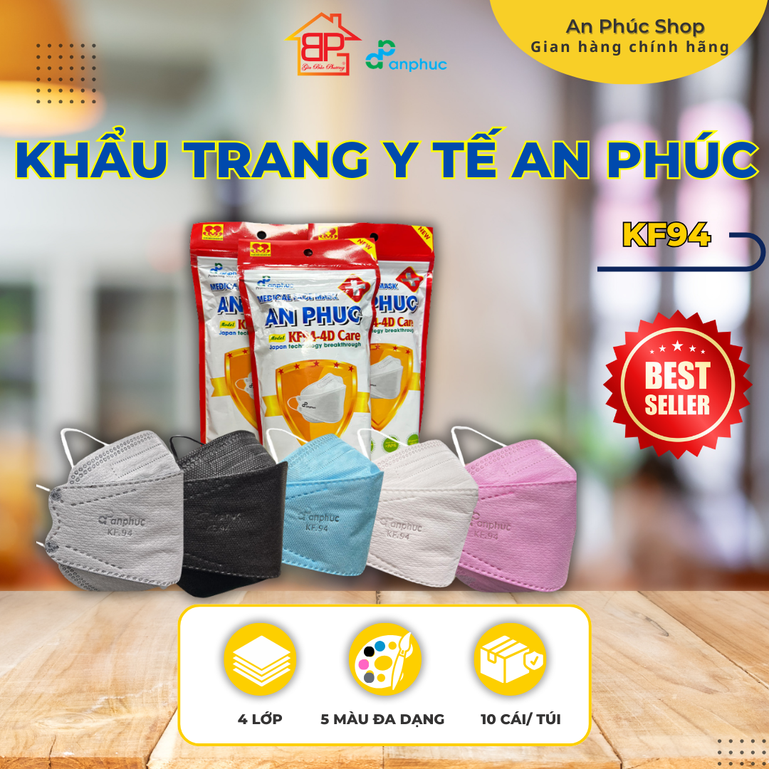 Khẩu trang y tế An Phúc KF94 - 4 lớp, lọc kháng khuẩn, nhiều màu, bịch 10 cái.