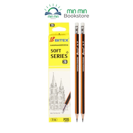 Combo 10 cây/1 hộp Bút chì đen BITEX 2B Soft Series Plus có gôm  - cho nét viết đậm, đều, rõ nét, gỗ mềm dễ chuốt, dễ dàng tẩy bằng gôm (12 cây/hộp) -PC05