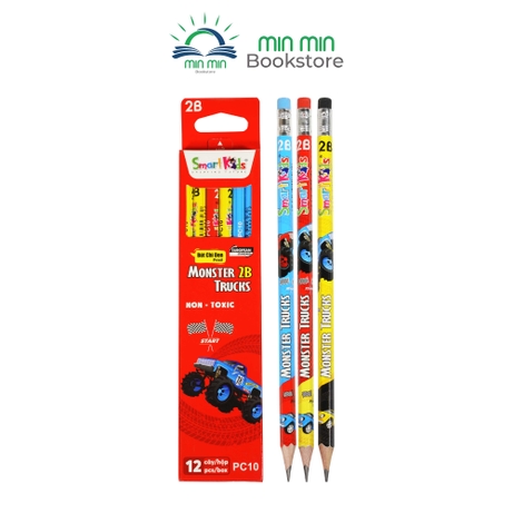 Combo 10 cây/1 hộp Bút chì Smartkids có gôm họa tiết 2B Monster Truck - PC10 (12 cây/hộp)