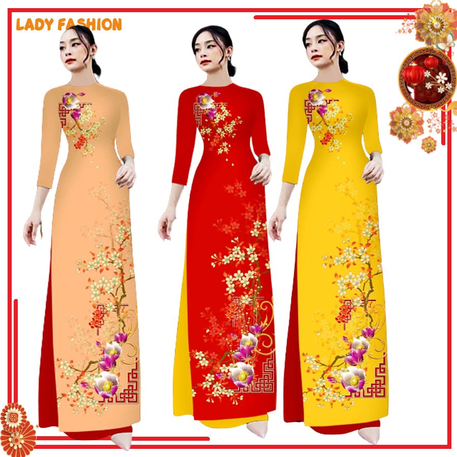 Áo dài lụa in 3D họa tiết hoa lan kết hợp mai vàng AD013 - Lady Fashion