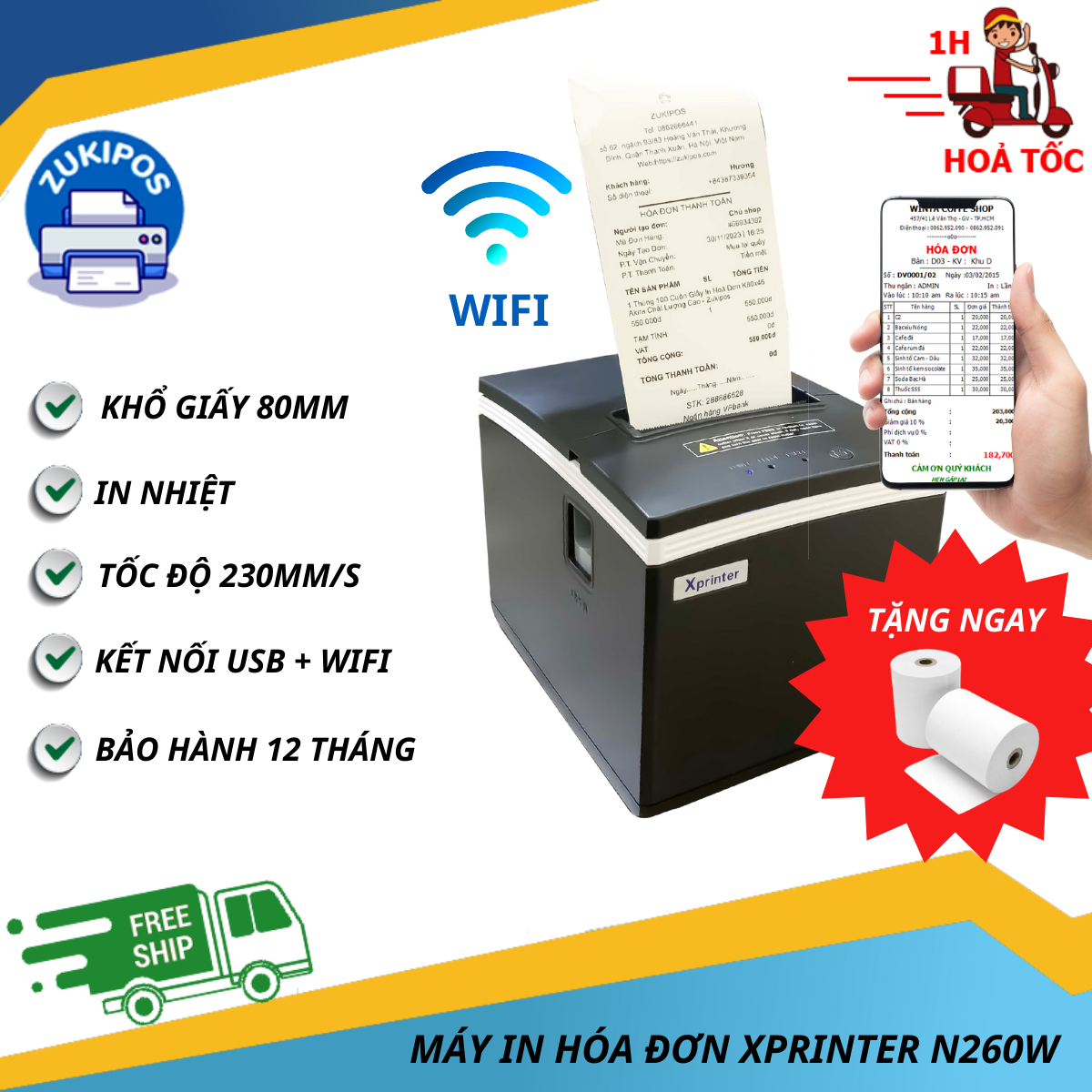 Máy In Hoá Đơn In Bill WIFI K80 Xprinter N260W Siêu Rẻ Bảo Hành 12 Tháng - Zukipos