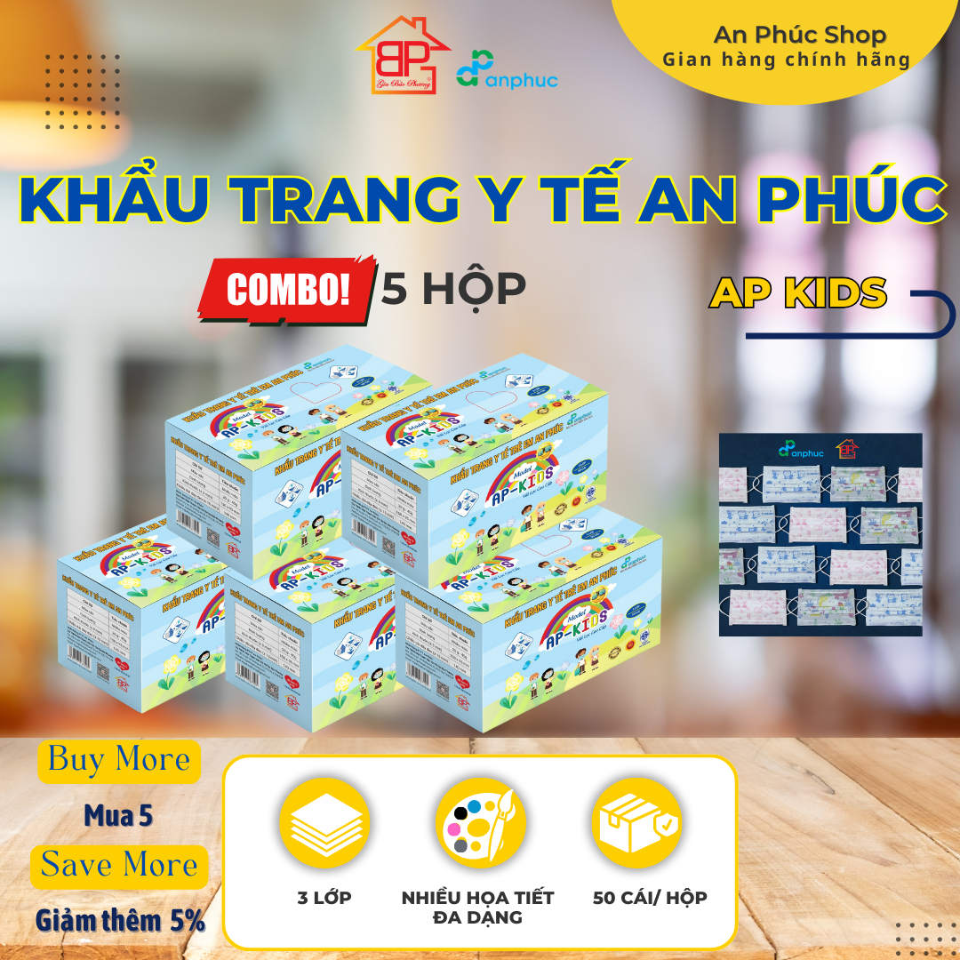 Khẩu trang y tế An Phúc Em bé - Combo 5 hộp, 3 lớp, lọc kháng khuẩn, hình nhân vật đáng yêu, hộp 50 cái.