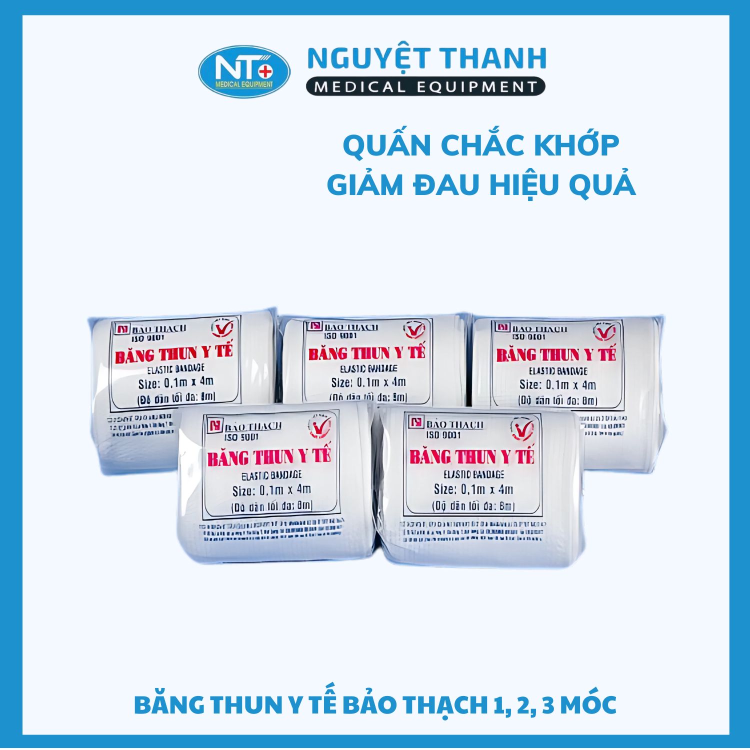Băng thun y tế Bảo Thạch, sợi polyester và cao su thiên nhiên, có 1, 2, hoặc 3 móc