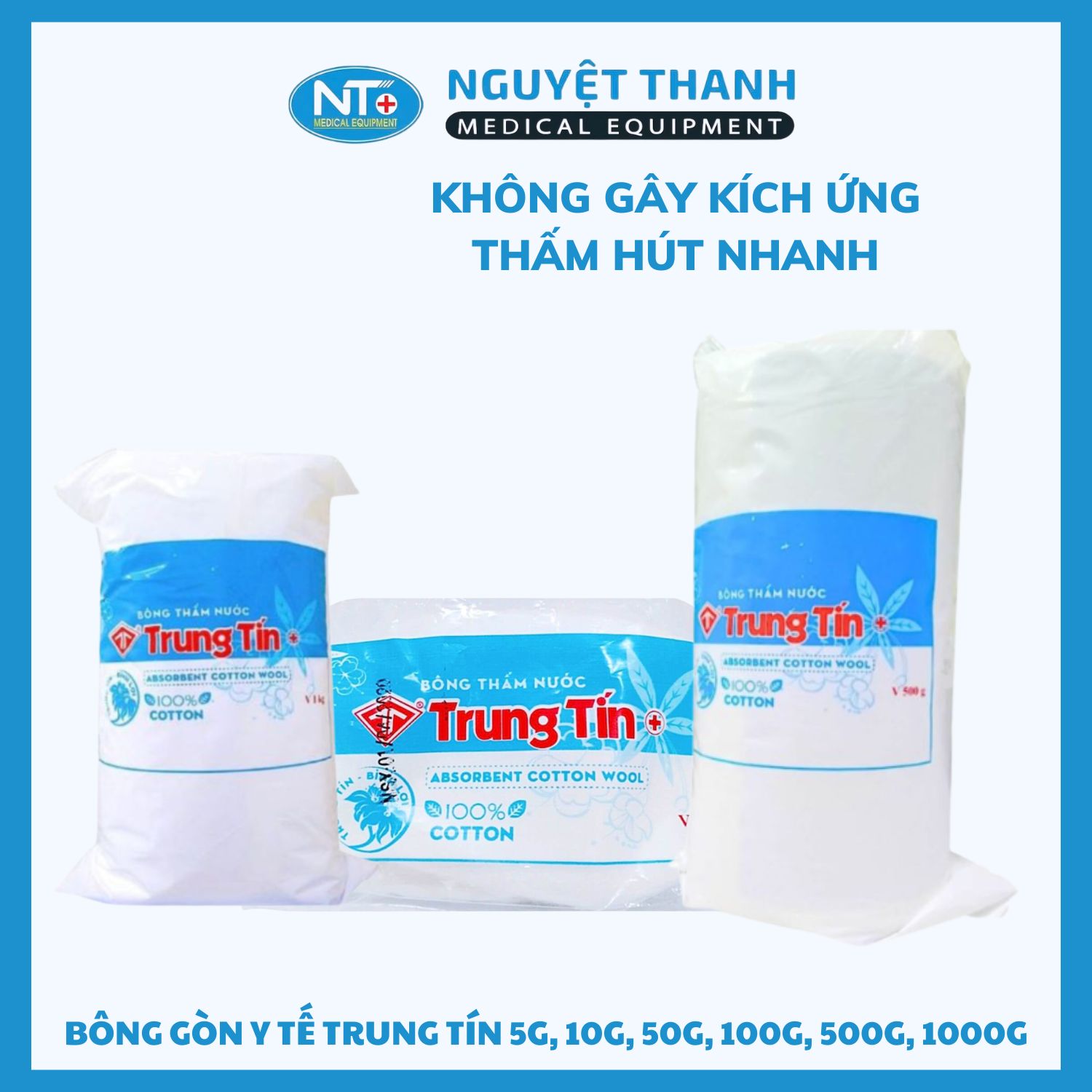Bông gòn y tế Trung Tín, 100% bông tự nhiên, thấm hút tốt, gói 500g, 1000g