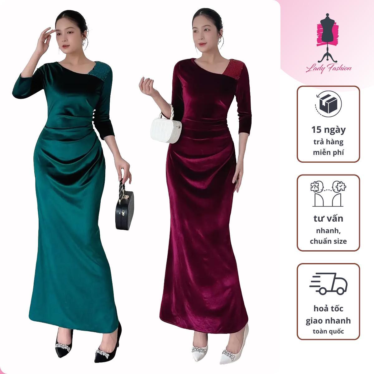 Đầm nhung đuôi cá D0151 nhíu eo đính ngọc trai cổ lệch đi tiệc sang trọng