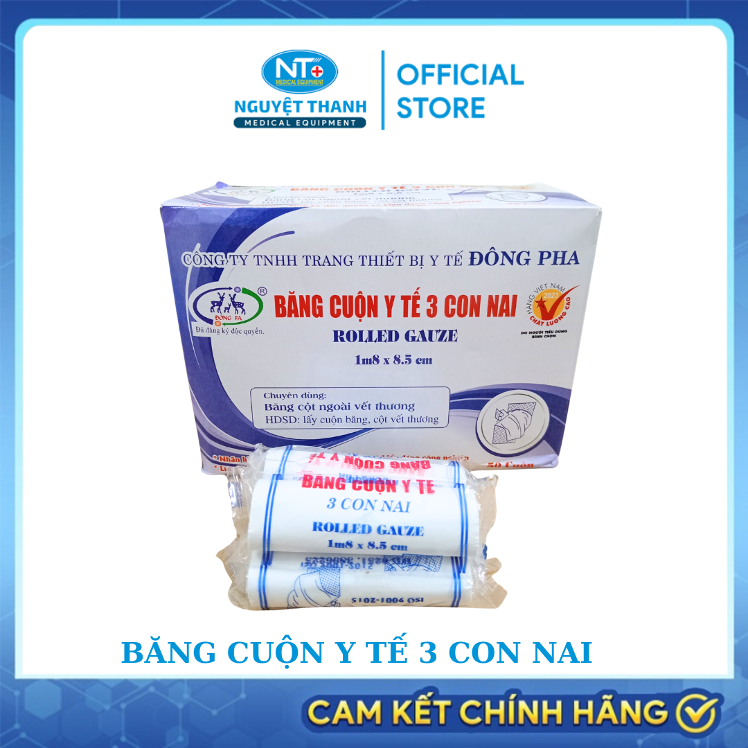 Băng cuộn y tế Ba Con Nai Đông Pha, chất liệu vải cotton, kích thước 1.8m x 8.5cm (hộp 50 cuộn)