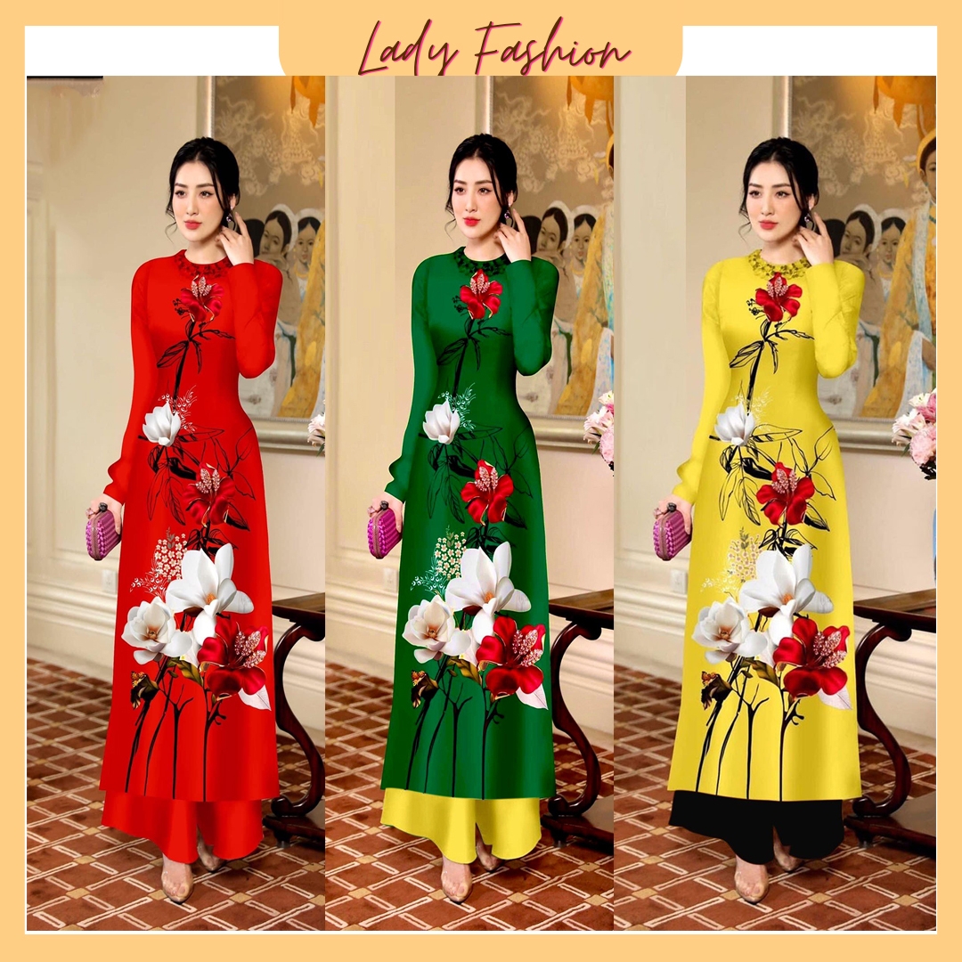 (HCM) Áo dài in 3D họa tiết hoa lan cao cấp D030 - Khánh Linh style - Lady Fashion