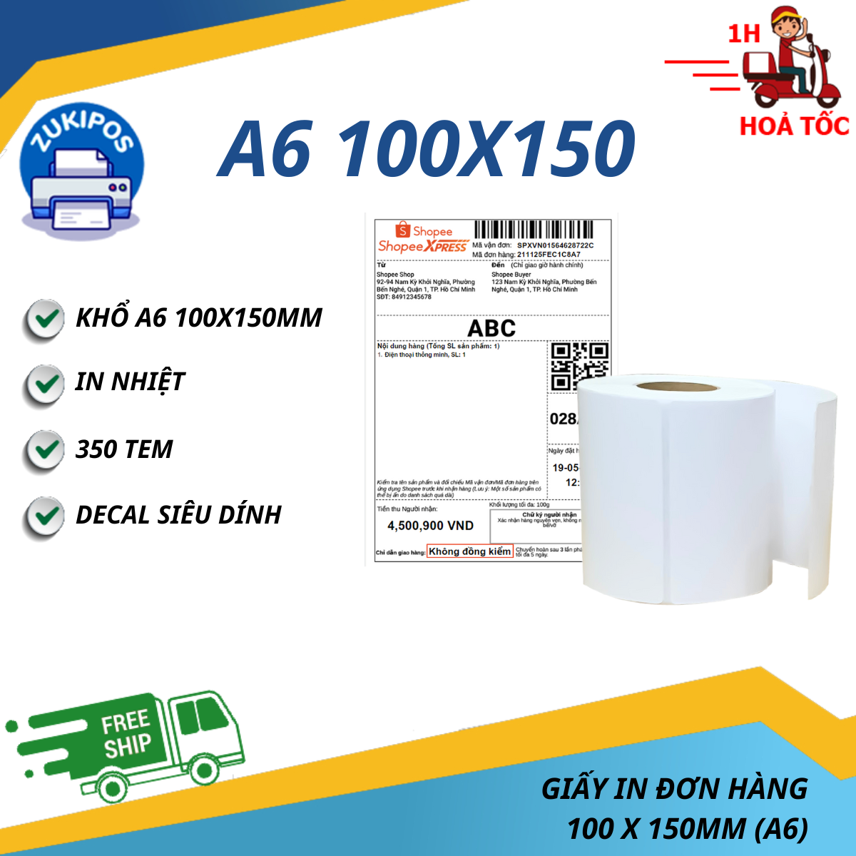Giấy In Tem Nhiệt A6 In Đơn Hàng Shopee 100x150 mm Đủ 350 tem - Zukipos