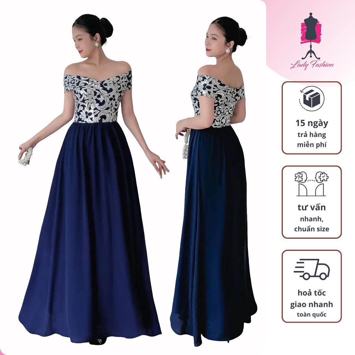 Đầm dự tiệc trễ vai D152 nhà LADY chất kim sa sang trọng