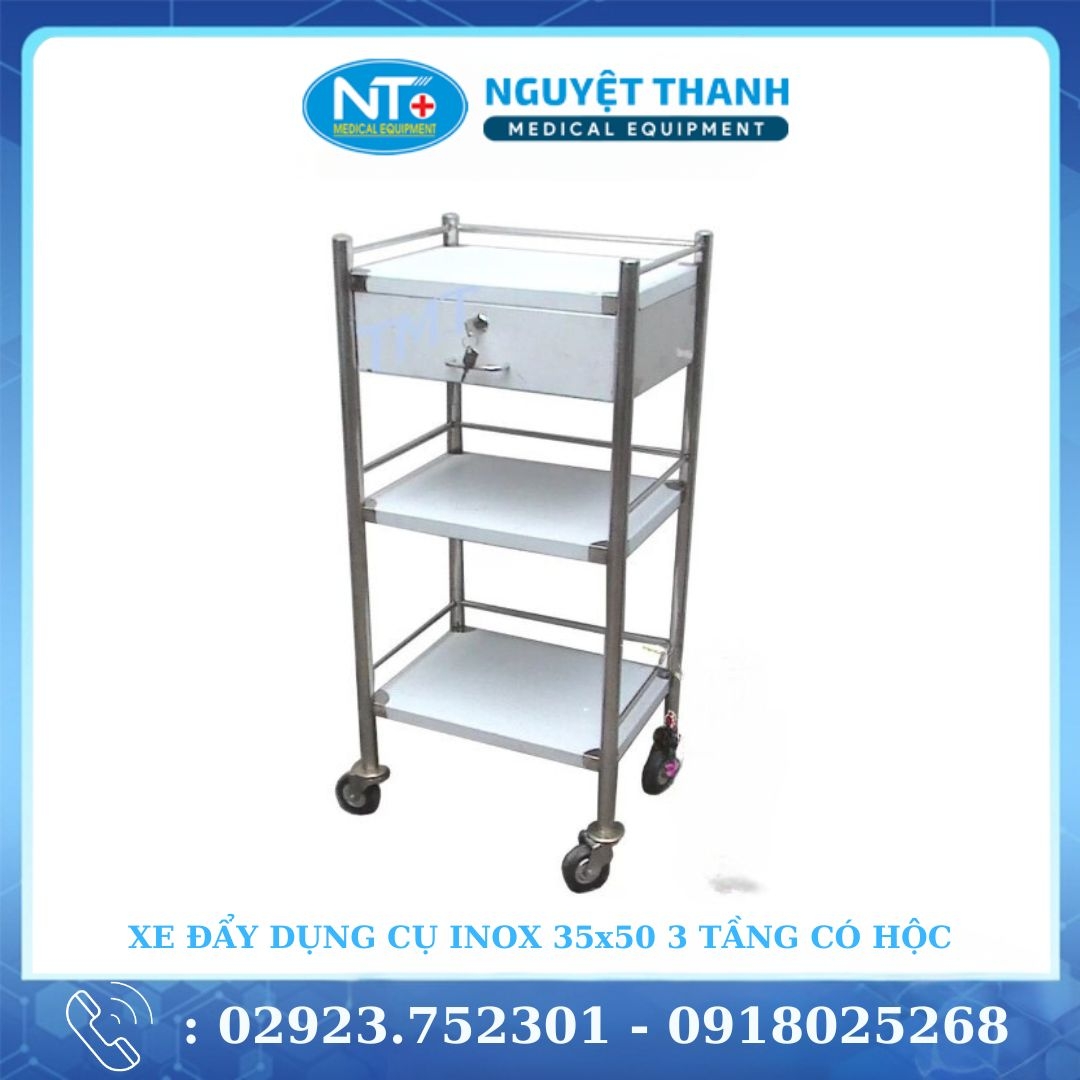 Xe Đẩy Dụng Cụ Inox 35x50 :  2 Tầng Có Hộc ; 3 Tầng Có Hộc ; 3 Tầng Không Hộc