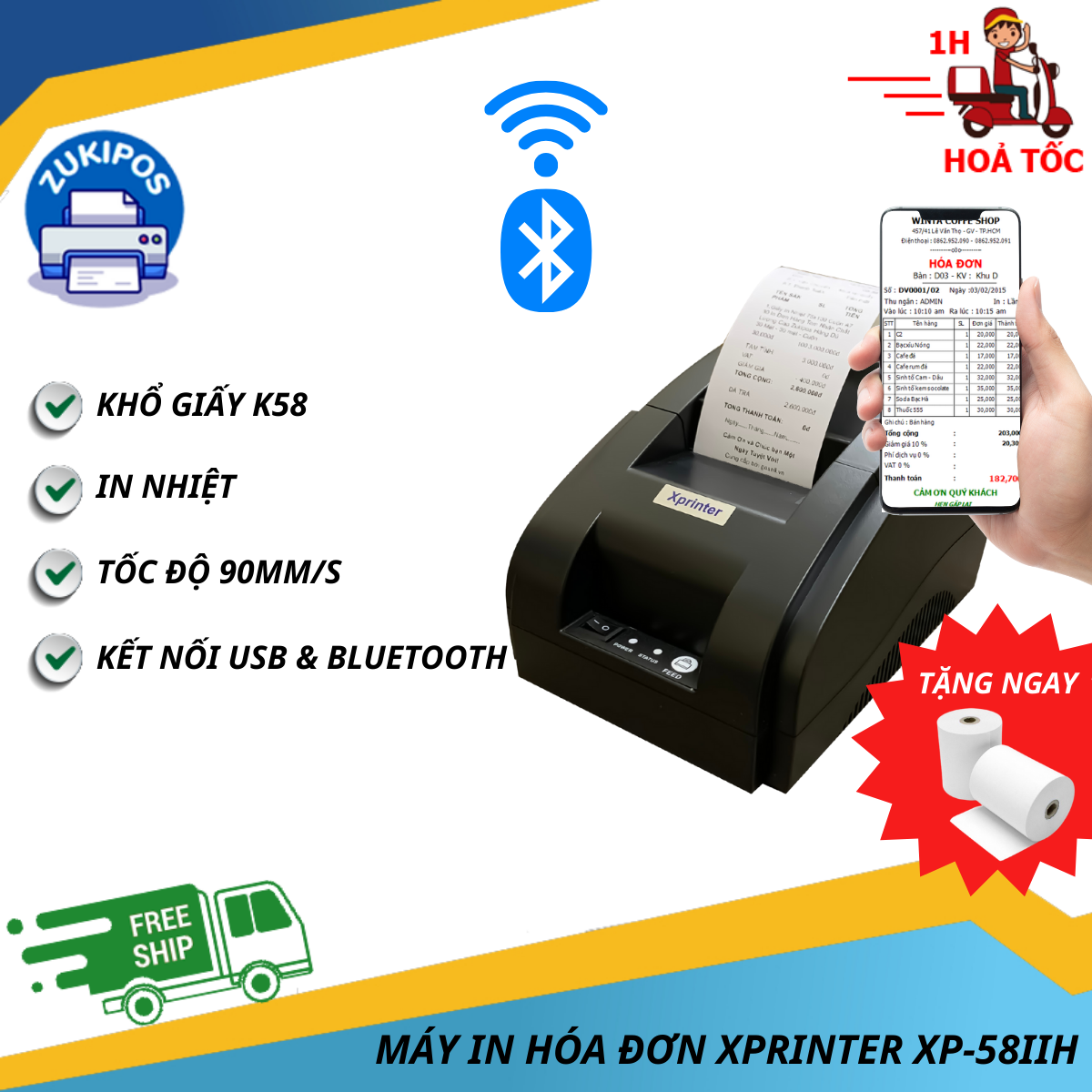 Máy In Hoá Đơn Bluetooth Xprinter XP58IIH In Thẻ Điện Thoại,Thẻ Game, Hoá đơn Điện Nước - Zukipos