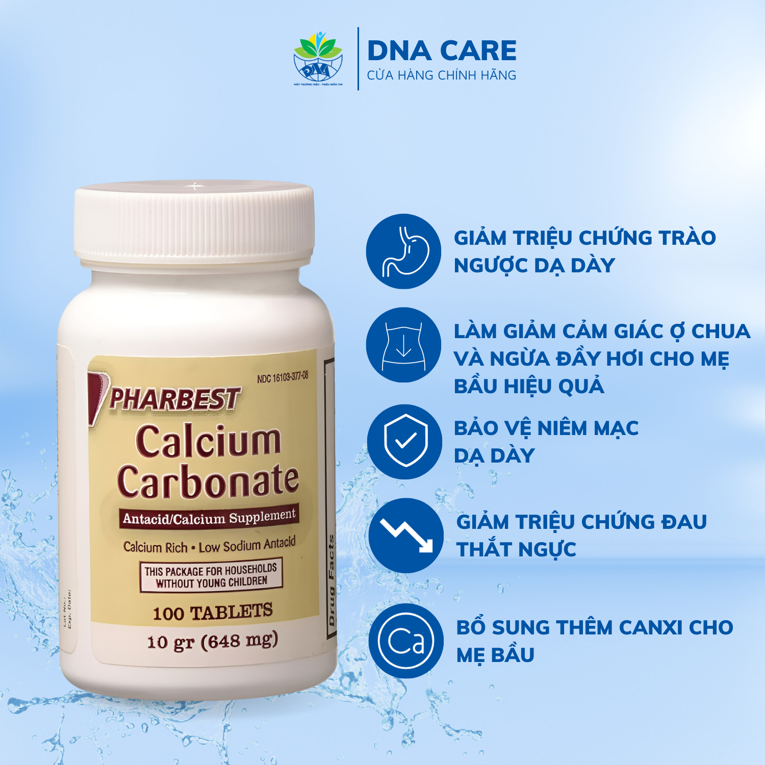 Viên uống dạ dạy Calcium Carbonate Pharbest chống trào ngược dạ dày hộp 100 viên Mỹ