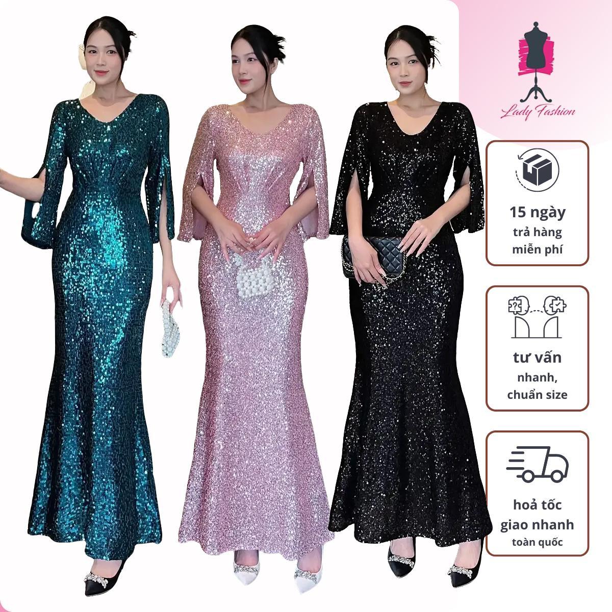 Đầm dạ hội kim sa D160  cao cấp Đuôi cá tay xẽ LADY FASHION