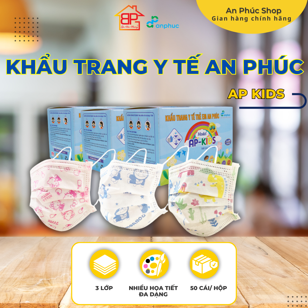 Khẩu trang y tế An Phúc Em bé - 3 lớp, lọc kháng khuẩn, hình nhân vật đáng yêu, hộp 50 cái.
