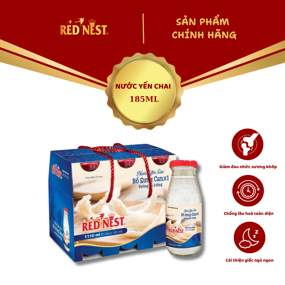 NƯỚC YẾN SÀO CHAI 185ML CANXI ĐƯỜNG ĂN KIÊNG XÁCH 6 RED NEST