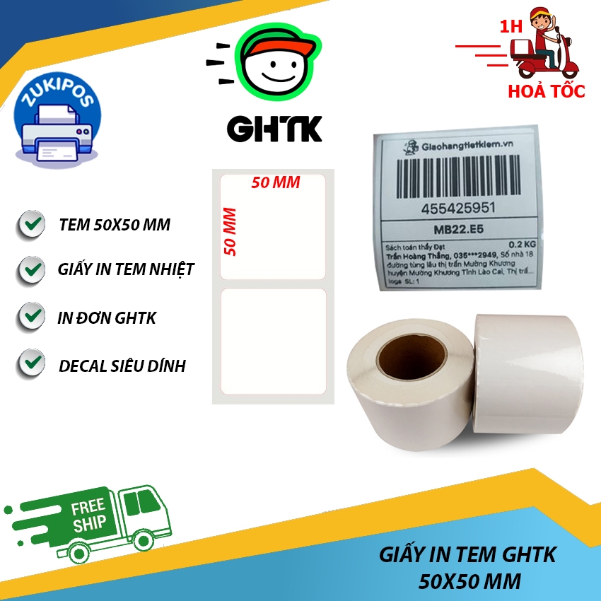 Giấy In Tem Nhiệt 50x50mm Tem Giao Hàng Tiết Kiệm In Trên Điện Thoại 30 Mét - Zukipos