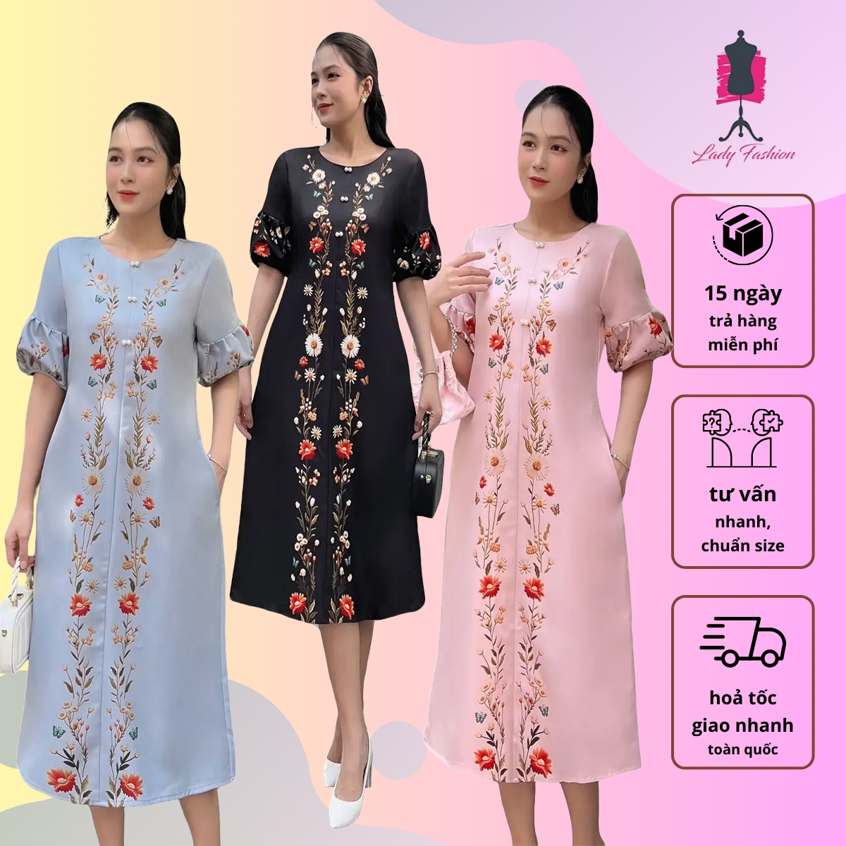 [HCM] Đầm suông thiết kế hoa dây tay bồng sang trọng D116