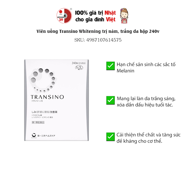 Viên uống trị nám Transino Whitening trắng da hộp 240 viên