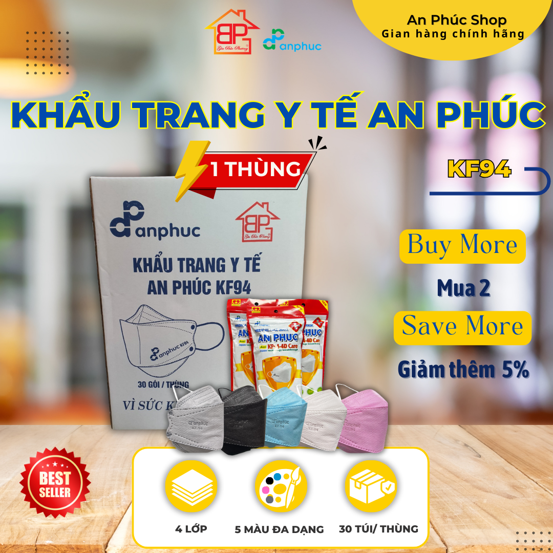 Khẩu trang y tế An Phúc KF94 - 1 thùng 30 bịch, 4 lớp, lọc kháng khuẩn, nhiều màu, bịch 10 cái.