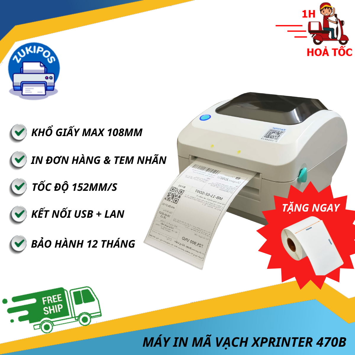 Máy in mã vạch nhiệt, in đơn hàng Xprinter XP-470B Chính Hãng BH 12 Tháng