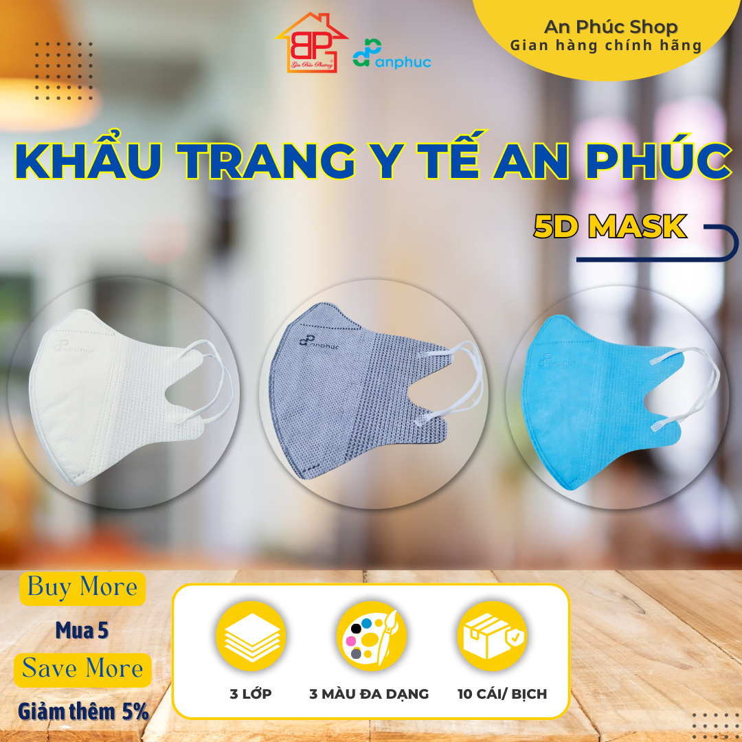 Khẩu trang y tế An Phúc 5D Mask - 3 lớp, lọc kháng khuẩn, nhiều màu, bịch 10 cái.