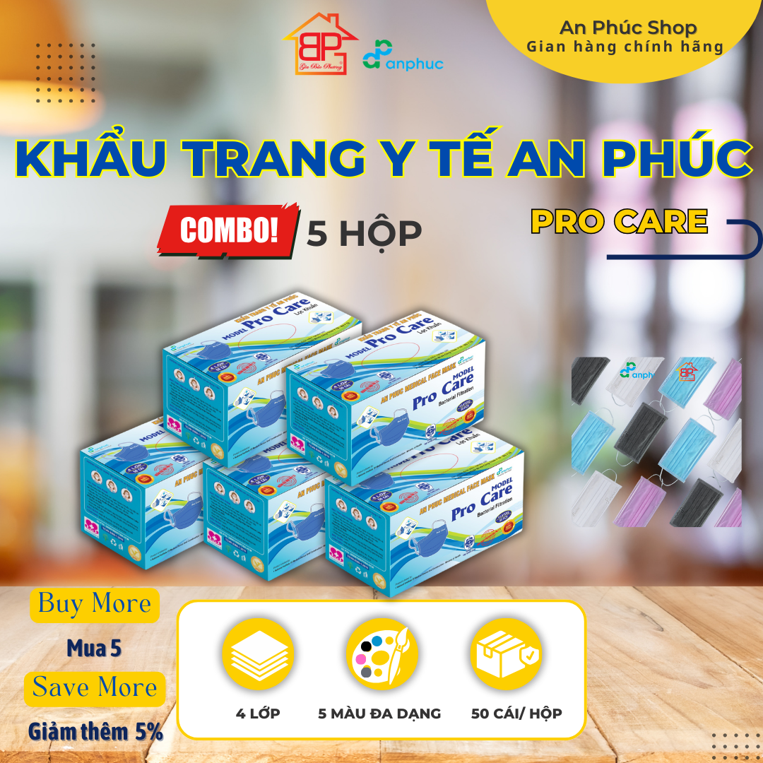 Khẩu trang y tế An Phúc Procare - Combo 5 hộp, 4 lớp, lọc kháng khuẩn, nhiều màu, hộp 50 cái.