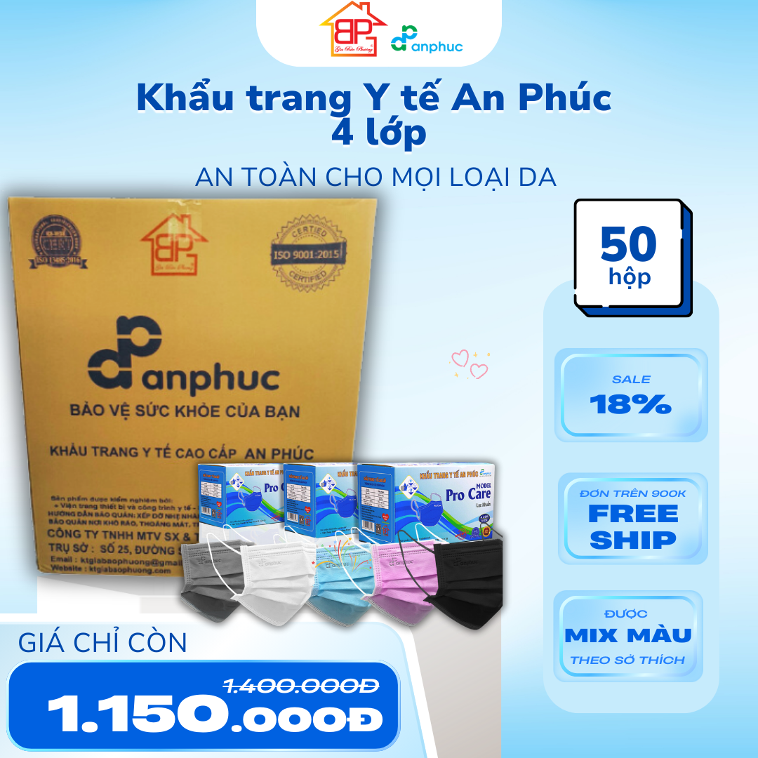 Khẩu trang y tế An Phúc Procare - 1 thùng 50 hộp, 4 lớp, lọc kháng khuẩn, nhiều màu, hộp 50 cái.