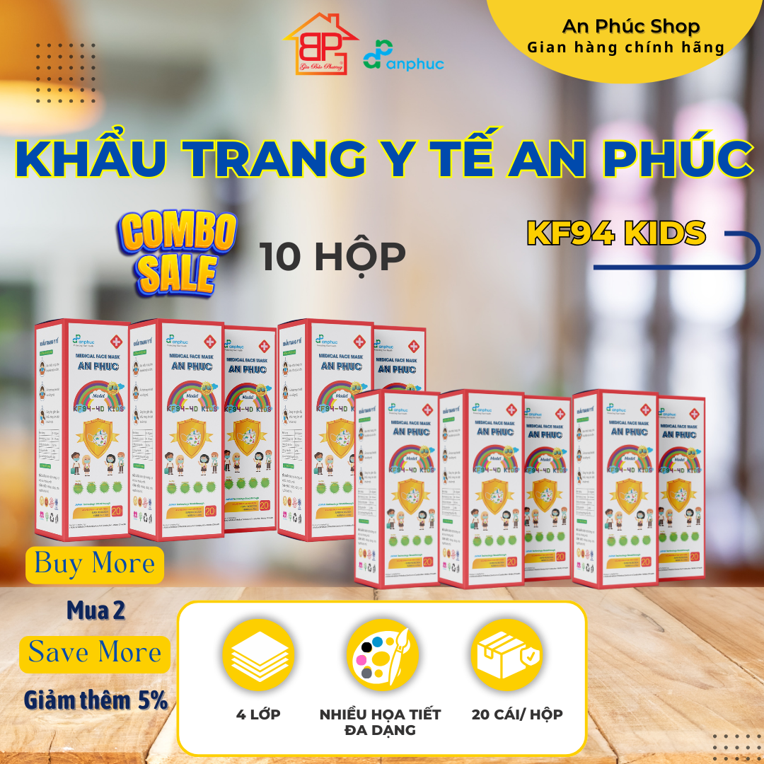 Khẩu trang y tế An Phúc KF94 Em bé - Combo 10 hộp, 4 lớp, lọc kháng khuẩn, hình nhân vật đáng yêu, hộp 20 cái.