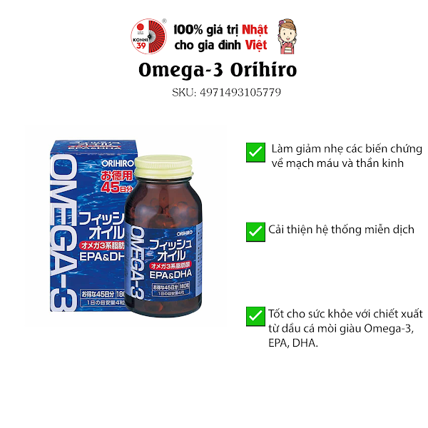 Viên uống Omega 3 Orihiro bổ sung DHA&EPA hộp 180 viên