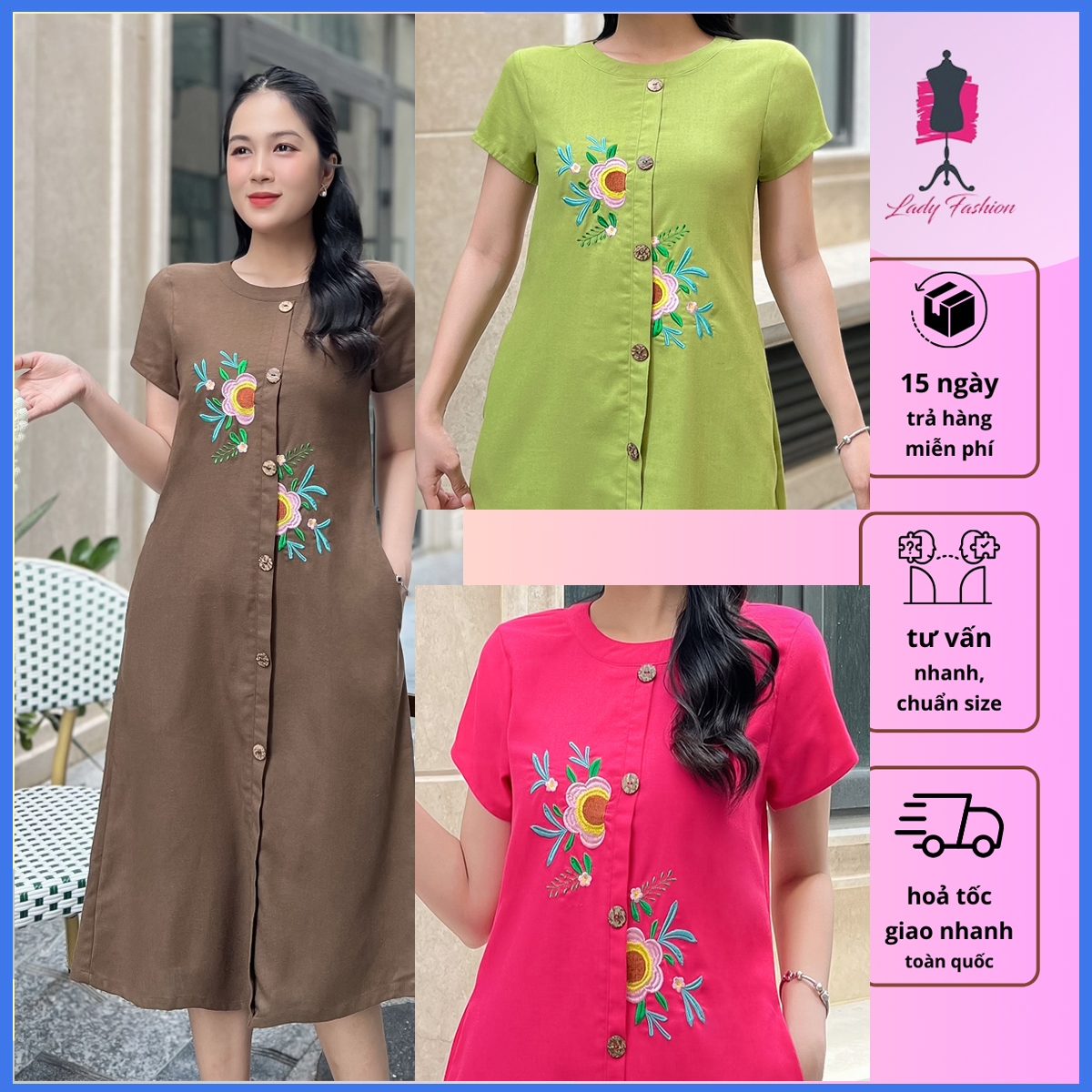 [HCM] Đầm dáng suông linen bột thêu hoa duyên dáng cho nữ MS111 - LADY FASHION