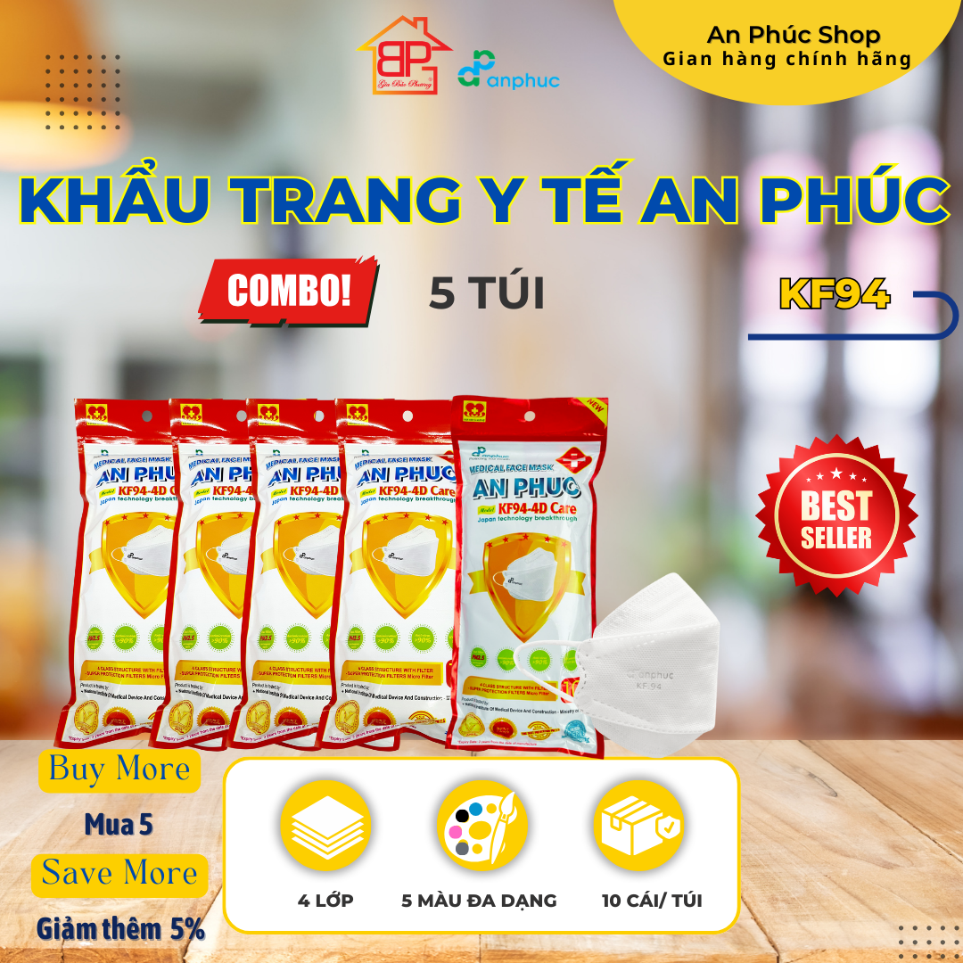 Khẩu trang y tế An Phúc KF94 - Combo 5 bịch, 4 lớp, lọc kháng khuẩn, nhiều màu, bịch 10 cái.
