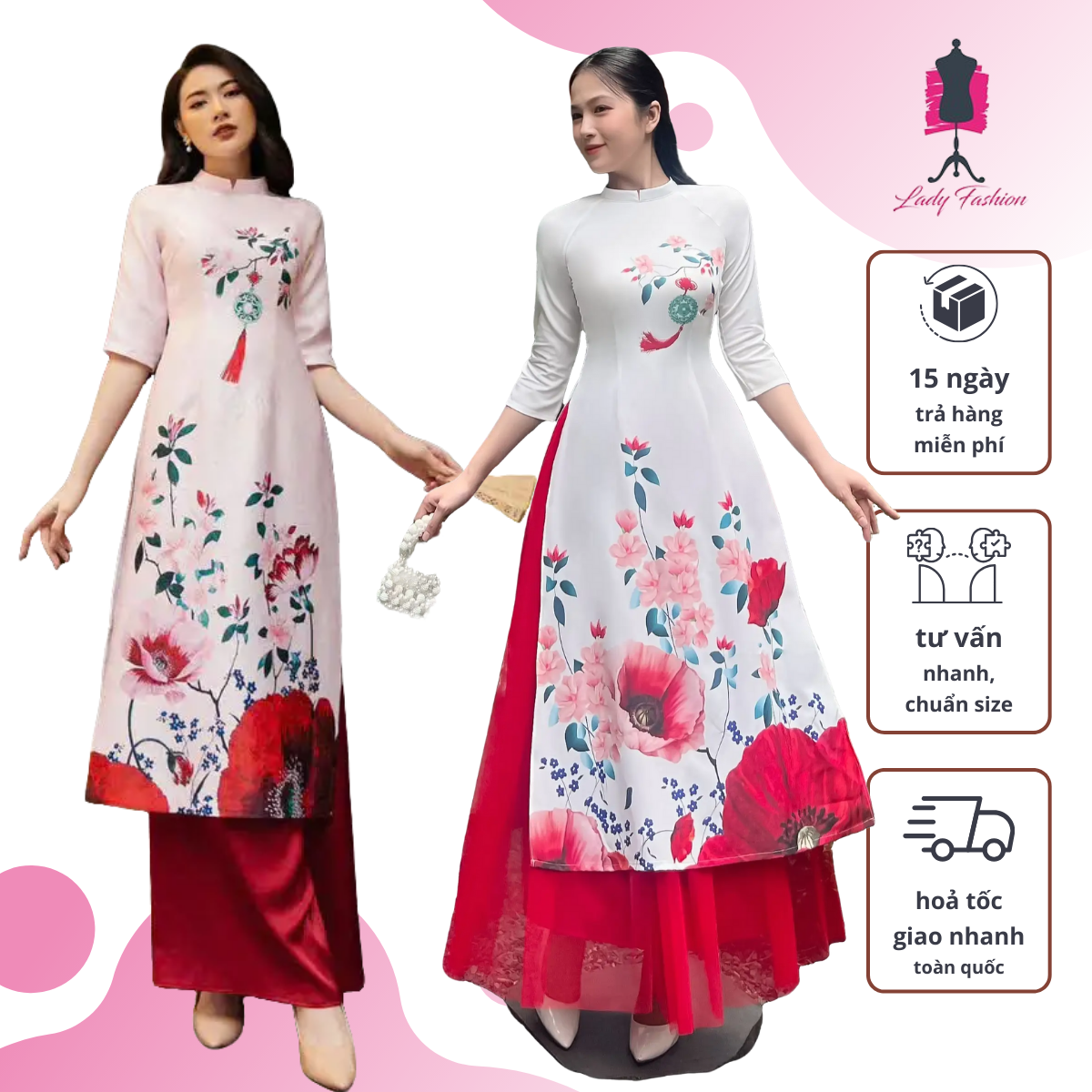 Áo dài cách tân nữ trắng họa tiết hoa hiện đại AD052 - LADY FASHION
