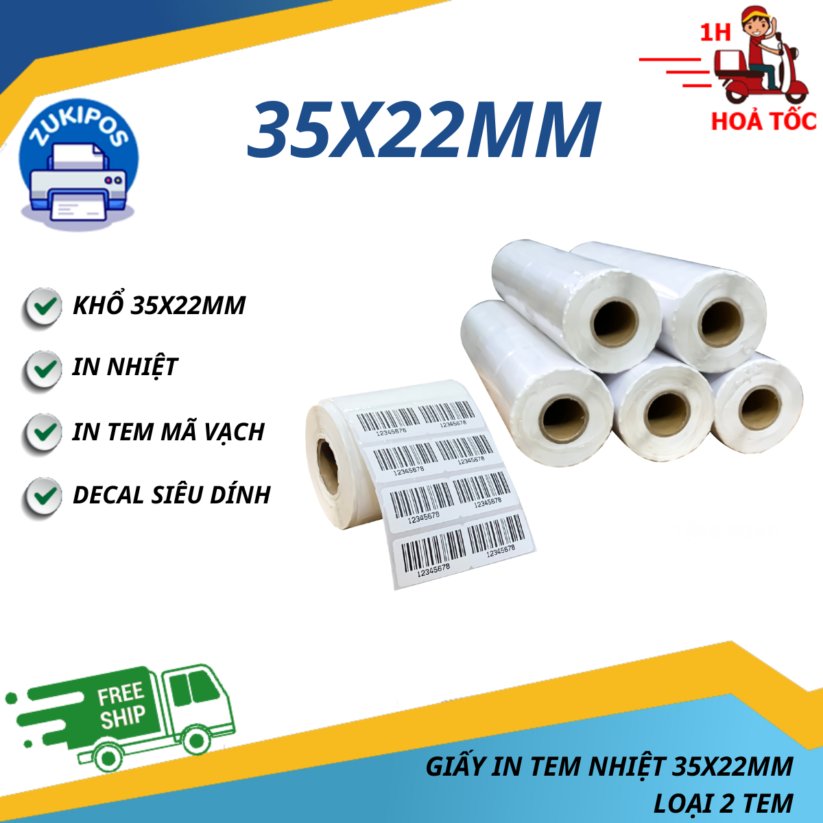 Giấy In Tem Mã Vạch Nhiệt 2 Tem 35x22 Giấy Tự Dính Chất Lượng Cao - Zukipos