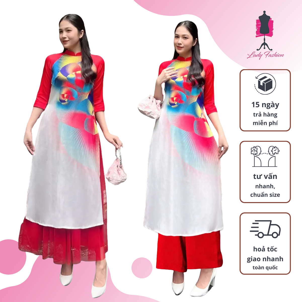Áo dài gấm cách tân in lập thể dáng suông AD060 - LADY FASHION