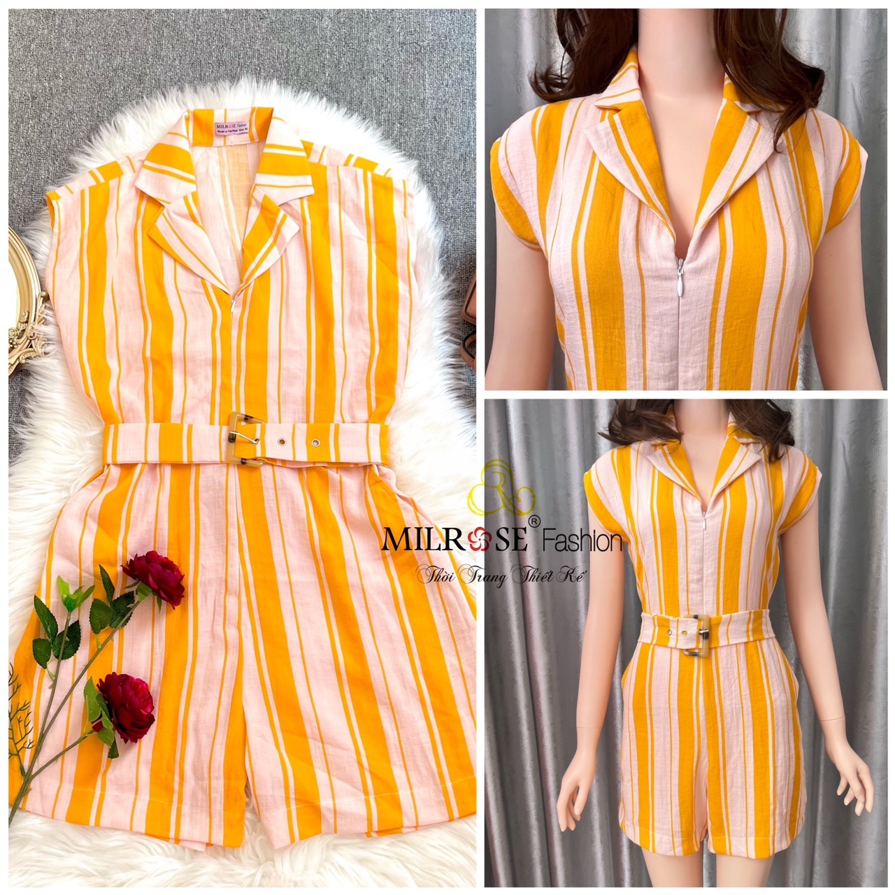 Jumpsuit (Bay) Ngắn Sọc Vàng 