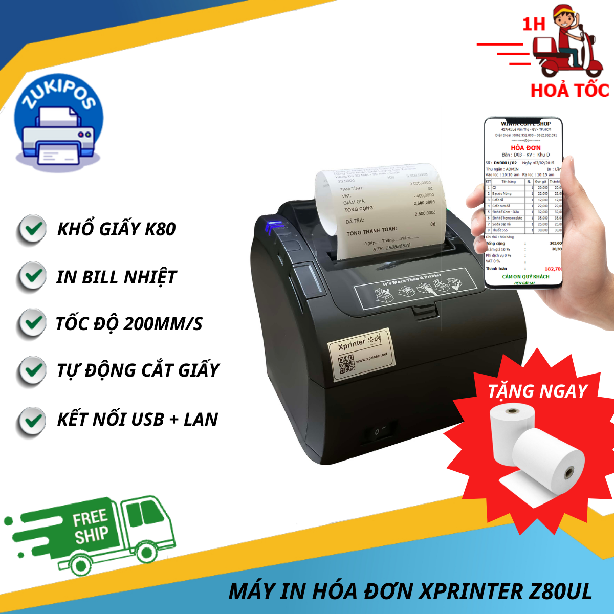 Máy In Bill In Hoá Đơn Nhiệt K80 Xprinter Z80UL Cao Cấp In Được Trên Điện Thoại - Zukipos