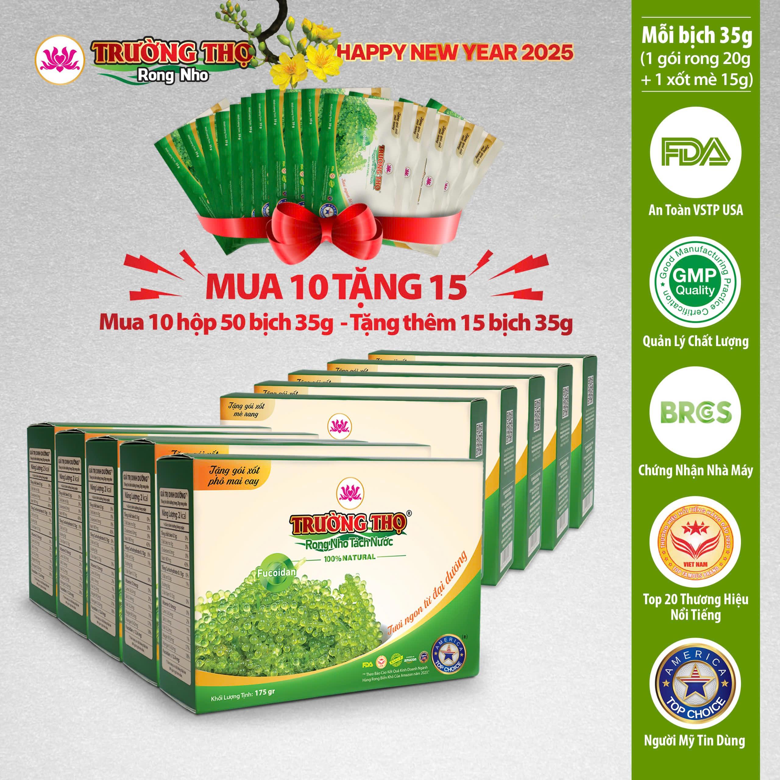 [MUA 10 TẶNG 15] Combo 10 Hộp rong nho tách nước Trường Thọ 175g gồm 50 bịch 35g tặng kèm 15 bịch 35g, không mặn, không tanh, tặng xốt - bán chạy Hoa Kỳ. 
