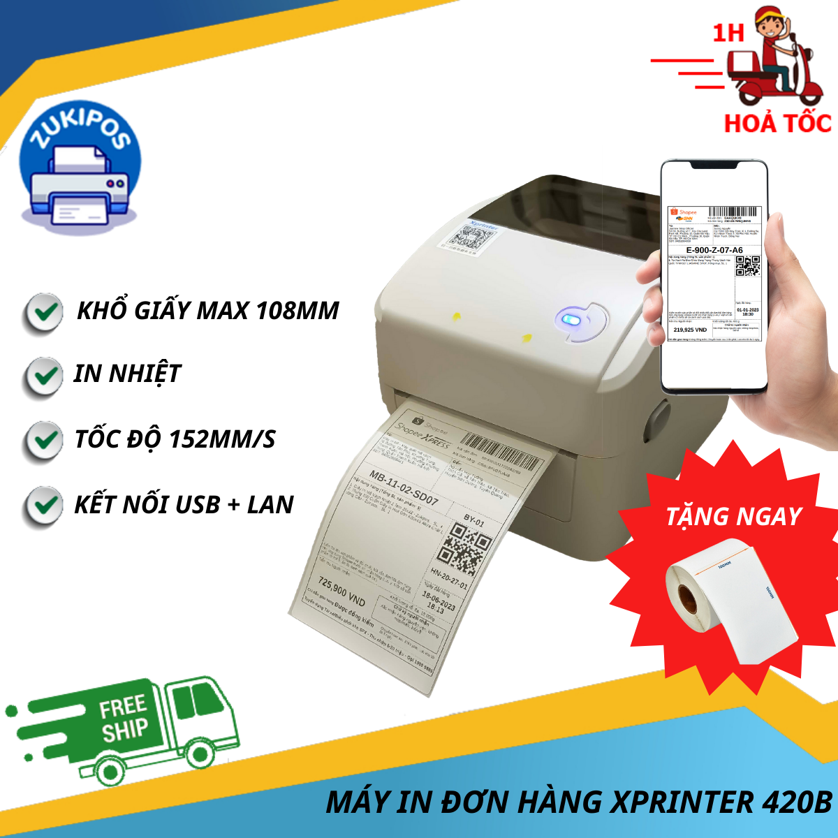 Máy In Đơn Hàng Trên Điện Thoại Xprinter 420BUL (USB + LAN) Siêu Tiện Lợi Bảo Hành 12 Tháng - Zukipos