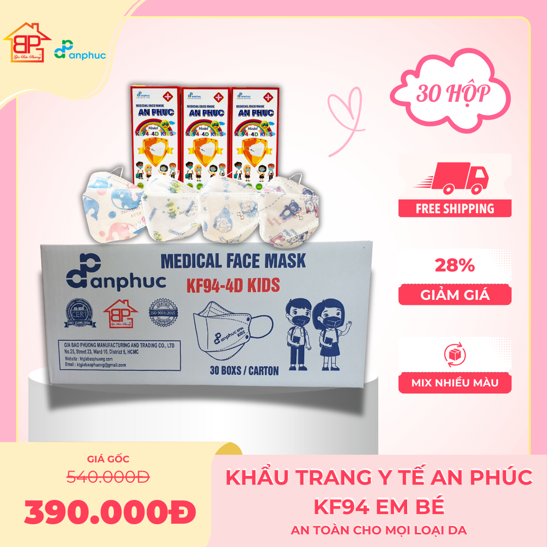 Khẩu trang y tế An Phúc KF94 Em bé - 1 thùng 30 hộp, 4 lớp, lọc kháng khuẩn, hình nhân vật đáng yêu, hộp 20 cái