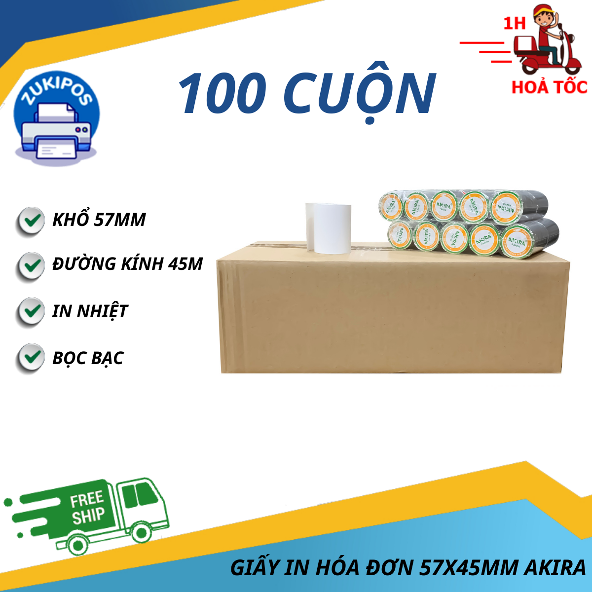 Thùng 100 Cuộn Giấy In Hóa Đơn In Bill Nhiệt K57 Akira Bọc Bạc Phi 45 mm - Zukipos