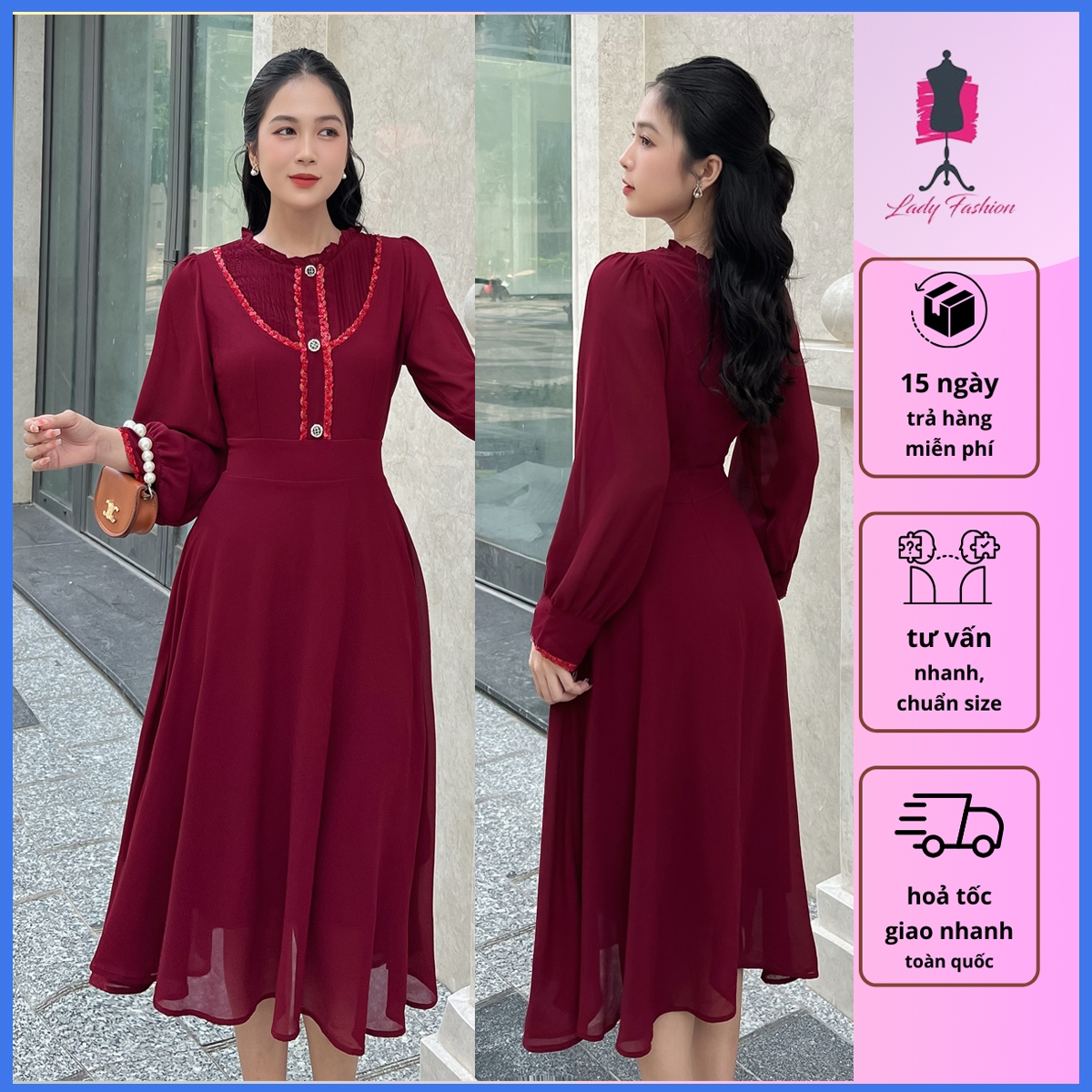 [HCM] Đầm vol tay phồng phối dây kim sa dễ thương MS113 - LADYFASHON