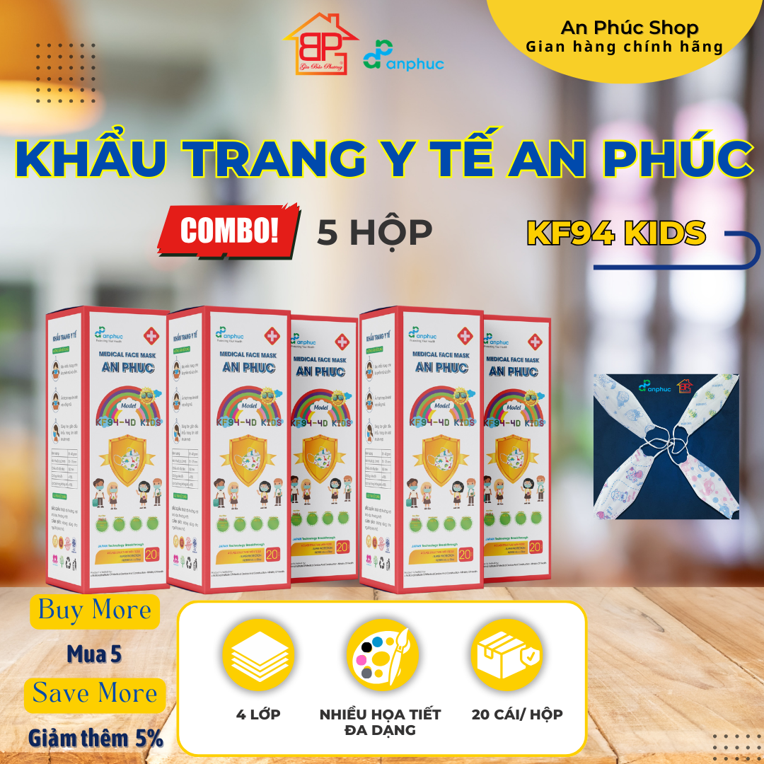 Khẩu trang y tế An Phúc KF94 Em bé - Combo 5 hộp, 4 lớp, lọc kháng khuẩn, hình nhân vật đáng yêu, hộp 20 cái