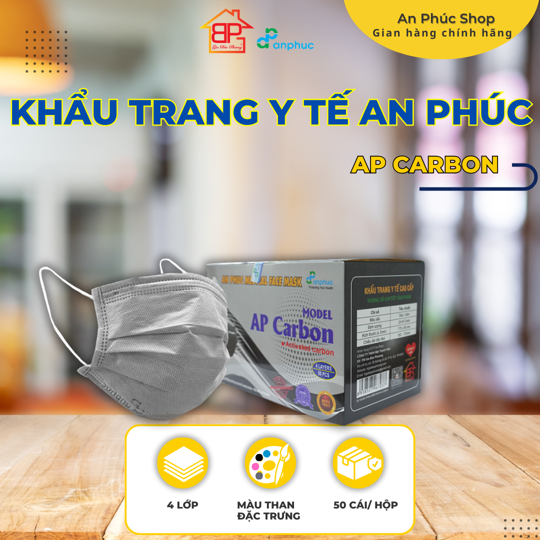 Khẩu trang y tế An Phúc Carbon - 4 lớp, than hoạt tính, hộp 50 cái.