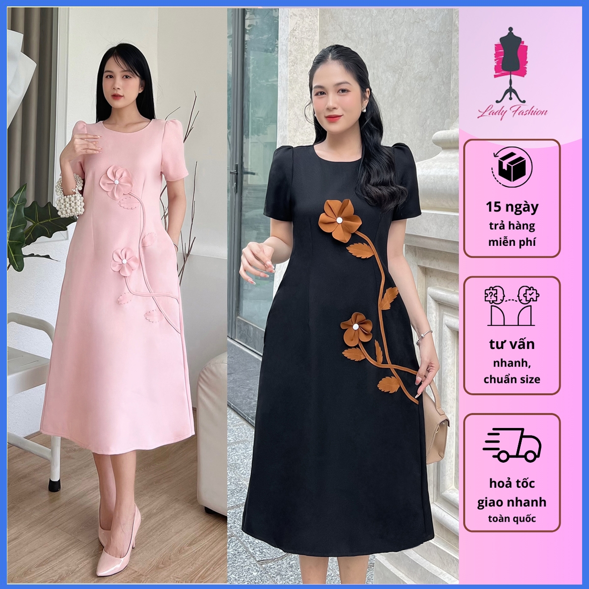 [HCM] Đầm suông phối cây hoa sang trọng dành cho nữ MS103 - Lady Fashion