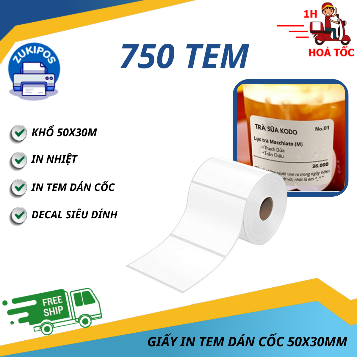 Giấy In Tem Dán Cốc Trà Sữa 50x30 mm Chất Lượng Cao - Zukipos