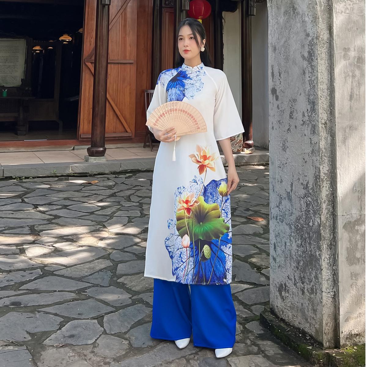Áo dài cách tân dáng suông in lá sen xanh dành cho nữ AD062 - LadyFashion