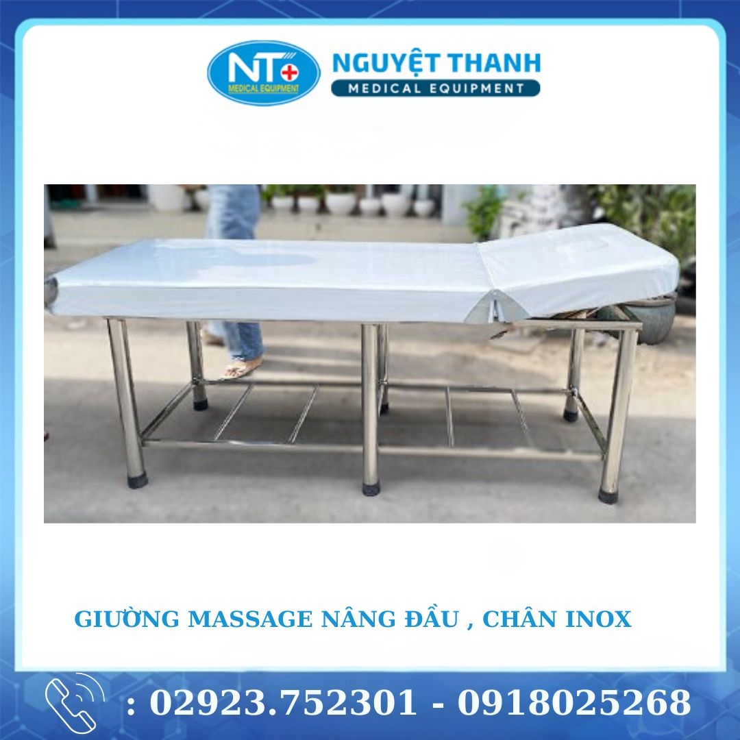 Giường Massage Nâng Đầu, Chân Inox + Ghế Búp ( Ngồi Massage )
