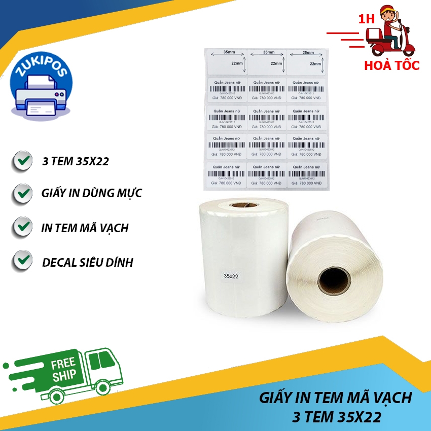 Giấy In Tem Mã Vạch 3 tem 35x22 mm Cuộn 50m Chất Lượng Cao - Zukipos