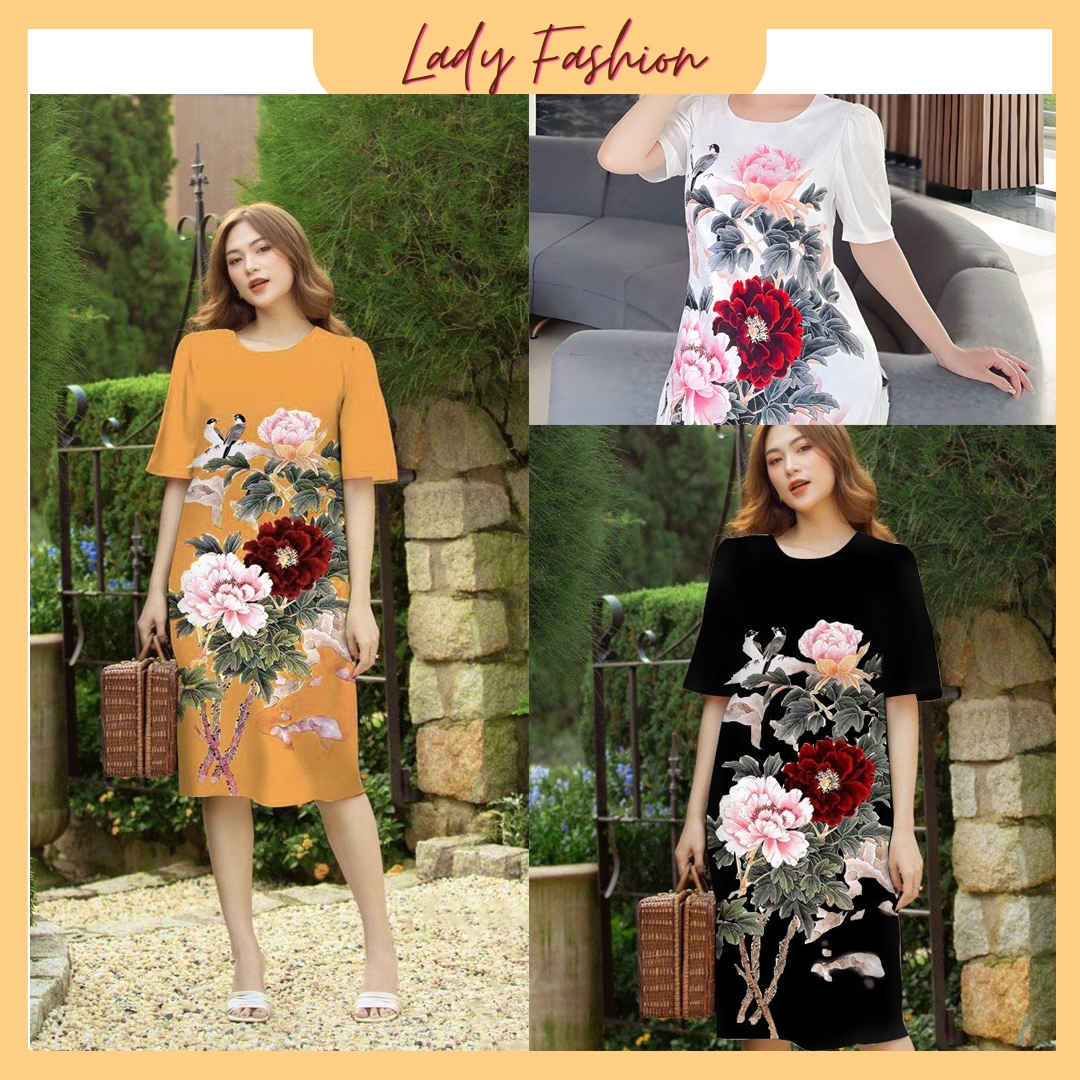 Đầm suôn Lady in hoa mẫu đơn sang trọng D064- Lady Fashion